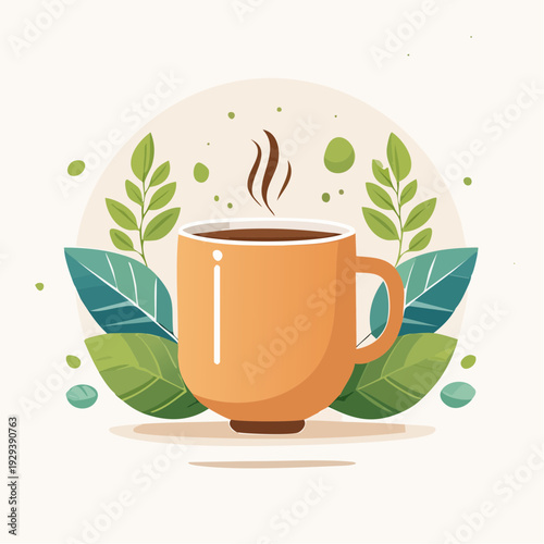 Morning ritual concept with a steaming hot cup of organic coffee or tea surrounded by fresh green leaves