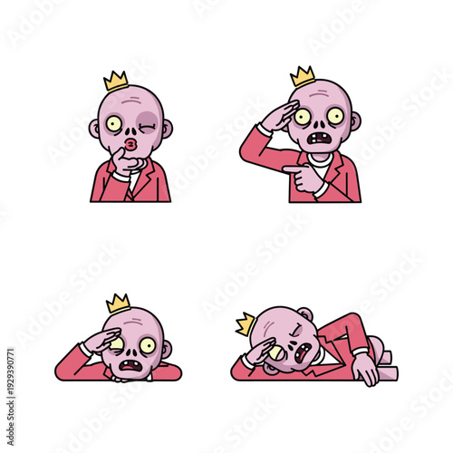 Stressed cartoon king with different emotions and reactions to stress