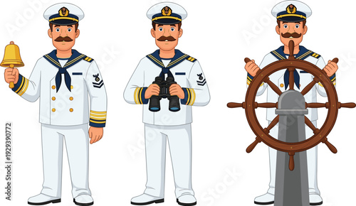Set of cartoon sailor characters in white uniform ringing bell holding binoculars and steering ship wheel isolated on white background