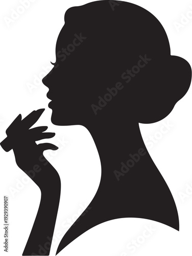 Black silhouette of woman smelling flower female white background