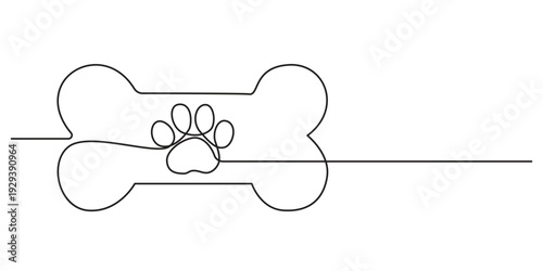 Drawing of a dog's paw and bone with a continuous line. Paw print with bone with one editable line. Vector illustration.
