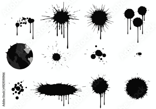 Black Ink Splatter and Paint Drip Textures Set with Grunge Globe Icon Vector Illustration