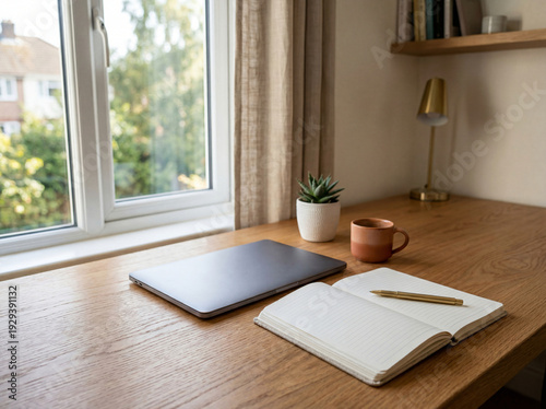 Minimalist Home Office Workspace with Laptop and Notebook on Wooden Desk