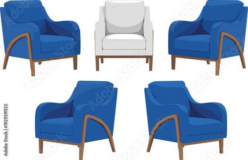 Set of mid century modern armchairs with blue and white upholstery and wooden legs isolated on white background for interior design