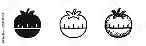 Tomato kitchen timer icon set, Pomodoro technique timer doodle, Cooking time management symbol silhouette and line art