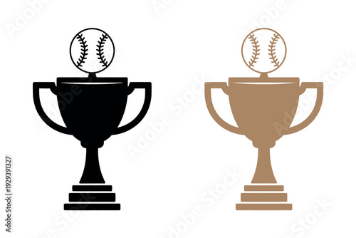 Baseball Championship Set, Professional Vector Icons Featuring Gold Trophies, Winning Silhouettes, and Classic Baseball Ball Symbols