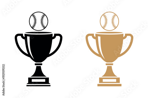 Baseball Trophy and Ball Award Icon Set, Championship Winner Sports Vector Illustration
