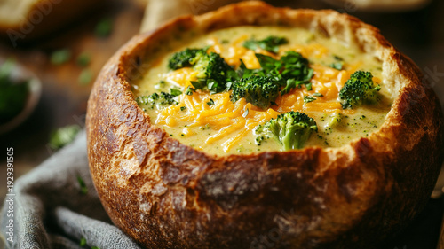 Rich broccoli cheddar soup served in a crusty bread bowl, ideal for culinary lifestyle and comfort food concepts.