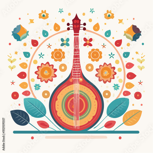 Colorful folk art illustration of a musical banjo surrounded by vibrant floral and leaf motifs