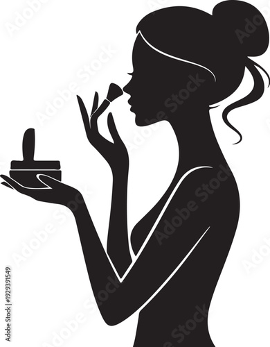 Black silhouette woman applying lipstick from compact