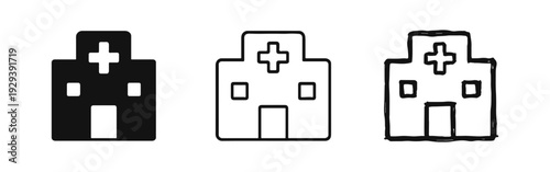 Hospital building icon set, Medical facility symbol doodle, Healthcare clinic silhouette and line art collection