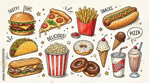 Hand Drawn Fast Food Illustration Set with Burger, Pizza, Fries, Ice Cream and Soda