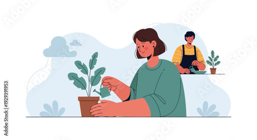 Smiling People Nurturing Houseplants: Relaxing Home Gardening and Sustainable Lifestyle Illustration