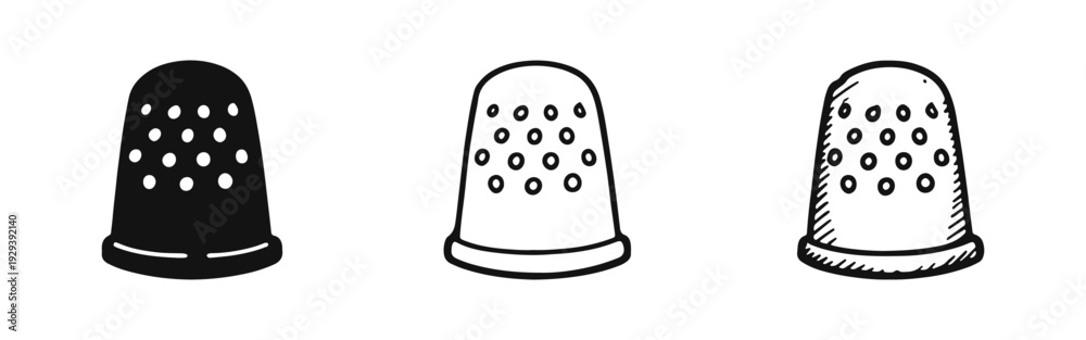 Fototapeta premium Thimble sewing tool icon set, Craft protection symbol doodle, Tailoring accessory silhouette and line art collection