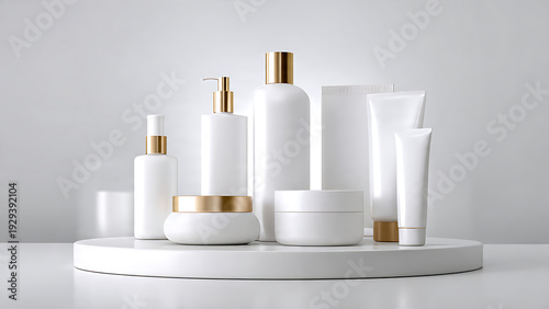 Wallpaper Mural Skincare products displayed on a white circular podium with gold accents indoors. Torontodigital.ca