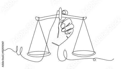 One single line drawing of hand holding weight scale symbol for world day of social justice in continuous line drawing.