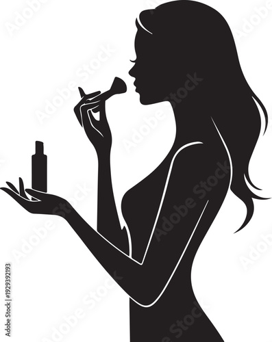 Black silhouette woman applying lipstick with bottle on hand