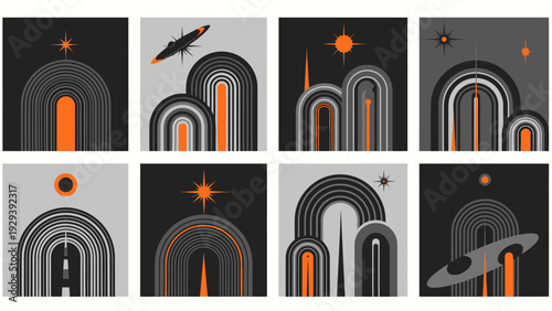 Retro Futuristic Abstract Landscape with Arches, Planets and Spaceship