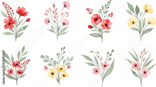A collection of eight delicate watercolor floral bouquets featuring red, pink, and yellow flowers with green leaves on a white background.