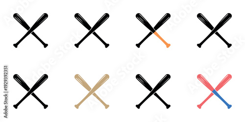 Crossed Baseball Bats Icon Set, Minimal Flat Vector Illustration in Multiple Colors