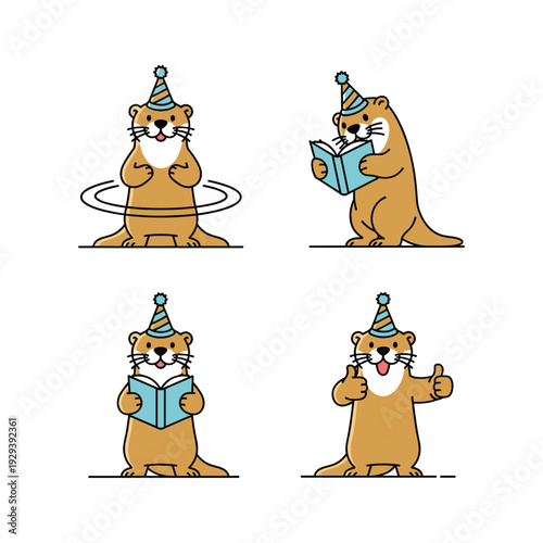 Cartoon bear reading book in different poses with copy space