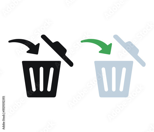 trash can with arrow icons, black and green flat vector design