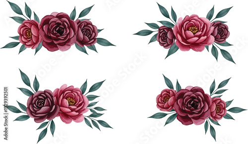 A collection of four watercolor burgundy floral arrangements featuring deep red peonies and dark green leaves