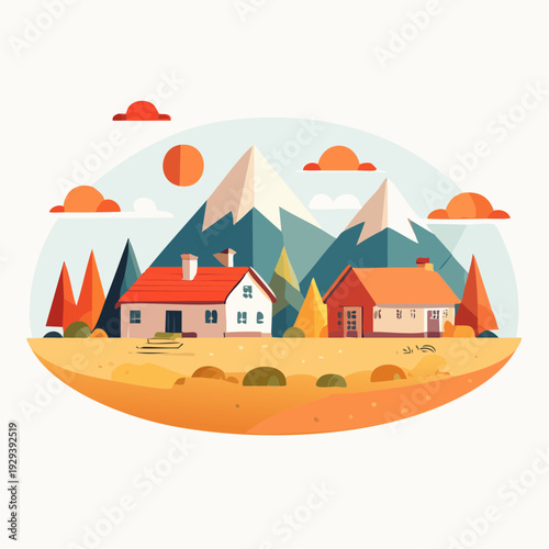 Wallpaper Mural Vibrant flat design illustration of a tranquil mountain village nestled among colorful trees and a bright sun, evoking a peaceful countryside scene Torontodigital.ca