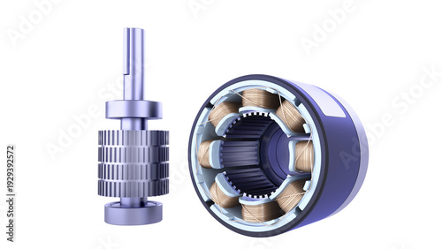 Industrial Stepper Motor. AC Servo motor. Electric Motor Rotor and Stator. High-quality 3D rendering isolated on white background. Ideal for educational, engineering and industrial design