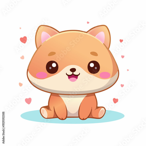 Adorable Kawaii Shiba Inu puppy sitting with hearts. Cute cartoon dog character illustration