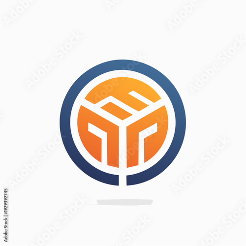 Abstract geometric symbol in a circle with orange and blue gradient