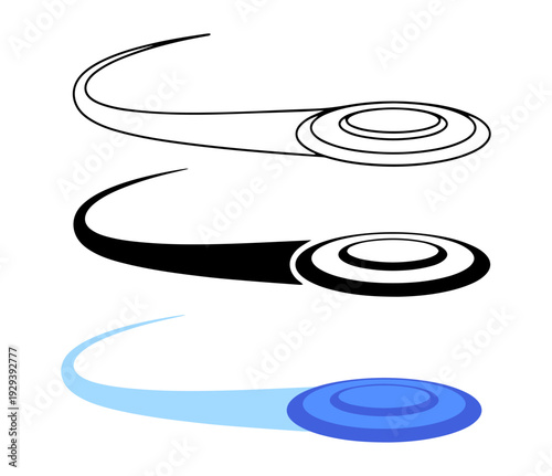 Title (6–12 words):
flying frisbee disc icons set, outline silhouette and blue vector