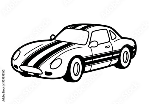 Black and white illustration of a classic sports car with racing stripes
