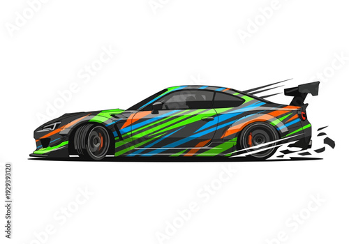 Pixelated drift car with neon livery motion lines and large rear wing