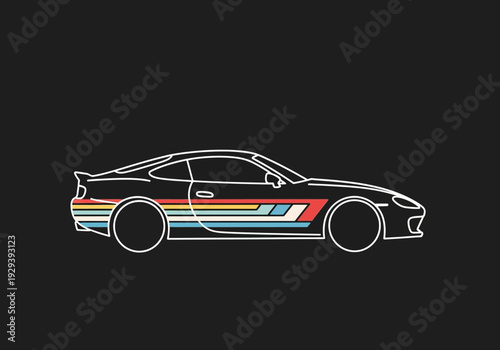 Outline of a twodoor sports car with retro horizontal stripes on a black background
