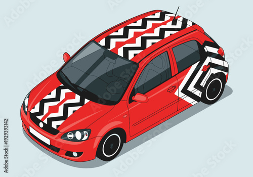 Red hatchback car with black and white chevron graphic design