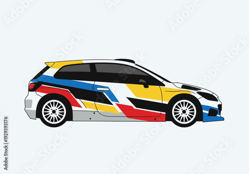 Side profile illustration of a white rally car with red yellow blue and black livery
