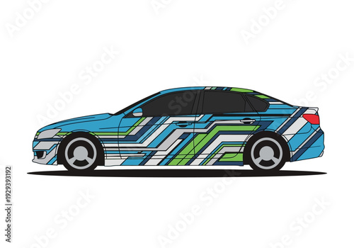 Side view illustration of a sedan with vibrant blue green and white geometric vinyl wrap