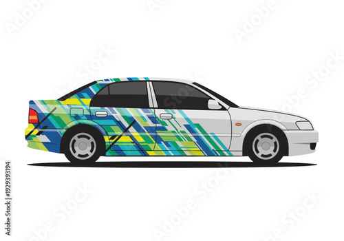 Side profile vector illustration of a white sedan with a blue green and yellow abstract geometric decal