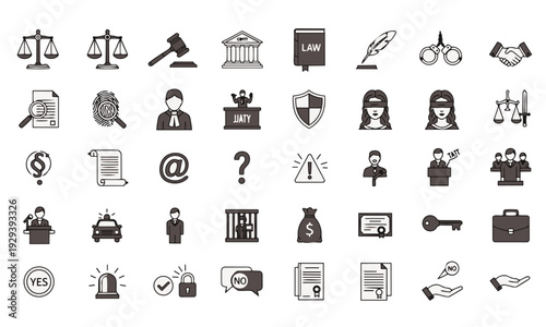 Law and Justice Icon Set – Legal Court, Judge and Attorney Vector Collection