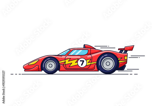 Stylized red race car with number 7 and yellow lightning bolt moving fast