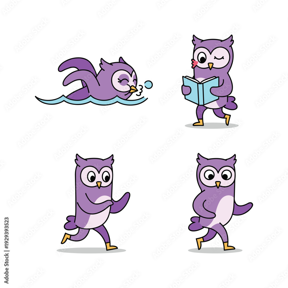 Obraz premium Purple cartoon owl characters in various poses on white background