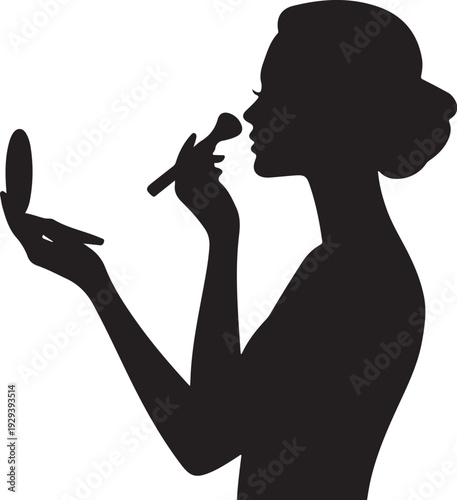Black silhouette woman applying makeup with brush and mirror