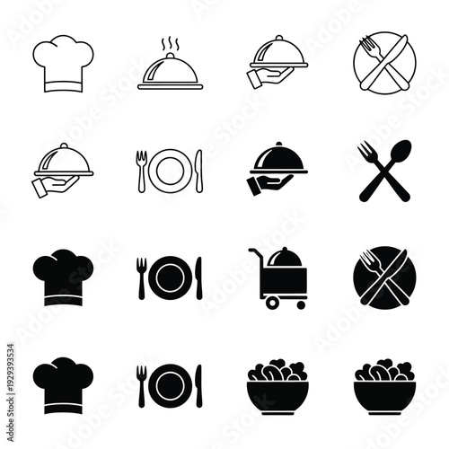 Black silhouette food icons set featuring a vector cake design and sun symbol illustration for web and travel button signs