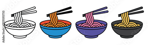 Four Bowls of Noodles with Chopsticks Isolated on White Background Vector, traditional Asian cuisine set featuring different ramen soups with eggs, vegetables and meat, flat style graphic for 