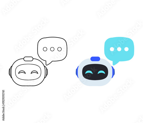 Chatbot and AI assistant icons set, flat and outline symbols for customer support virtual helper and online chat vector illustration