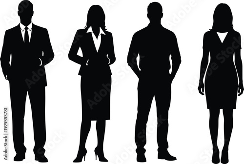 Diverse collection of people silhouettes, men and women walking, business group standing, professional figures gesturing, shaking hands, urban community set, isolated human body shapes, vector.