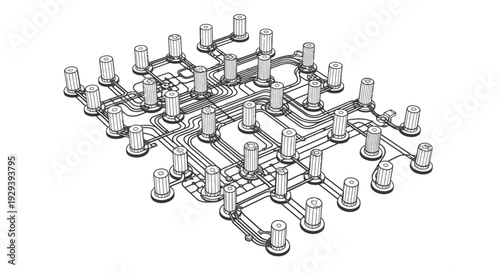 Detailed technical drawing of complex circuit board data network system in isometric perspective on isolated white background