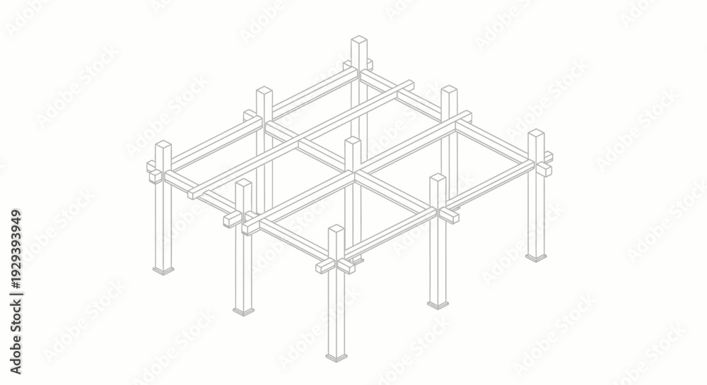 Fototapeta premium Isometric Outline Drawing of Building Skeletal Structure, Beams and Columns Frame, Architectural Engineering, on Isolated White Background.