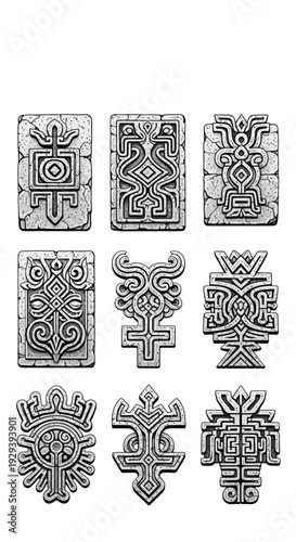 Ancient Stone Glyphs and Symbols Collection, Mysterious Engraved Patterns